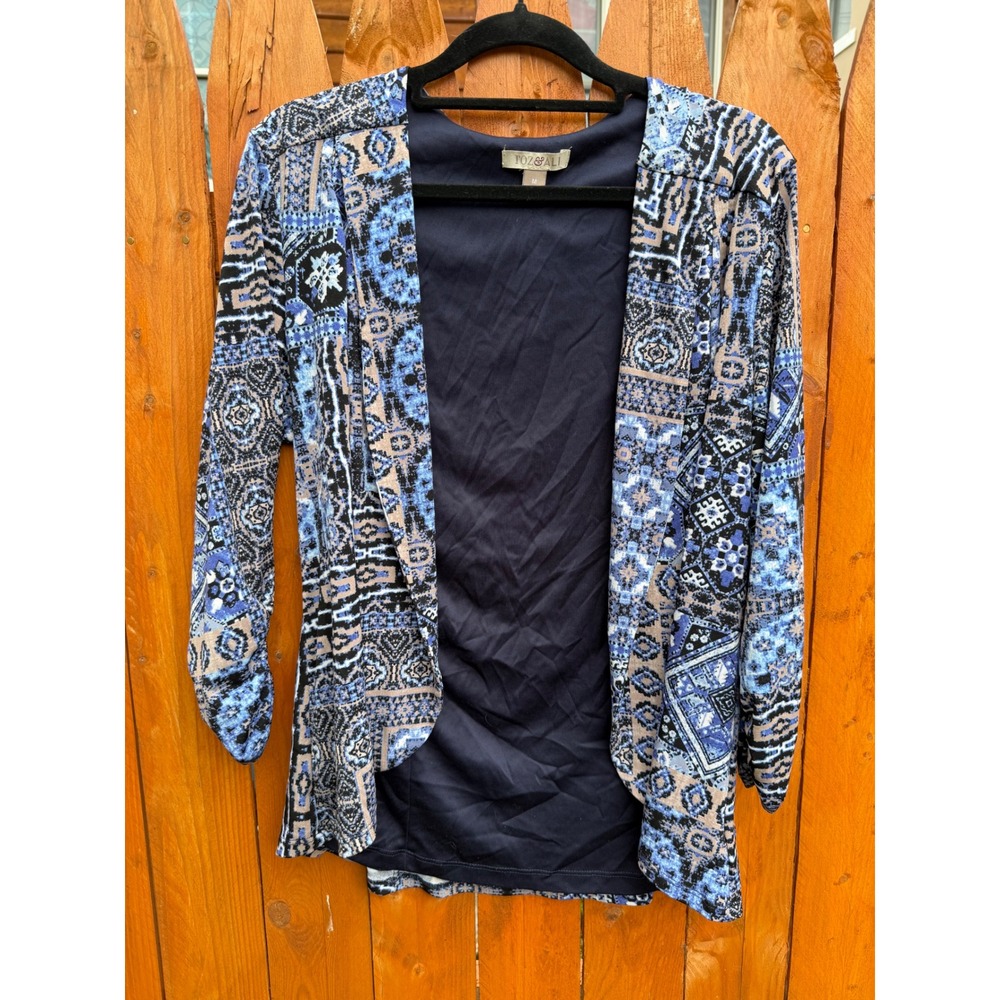 Roz & Ali Womens Blue Patchwork Open Front Ruched Sleeve Cardigan Blazer Size M